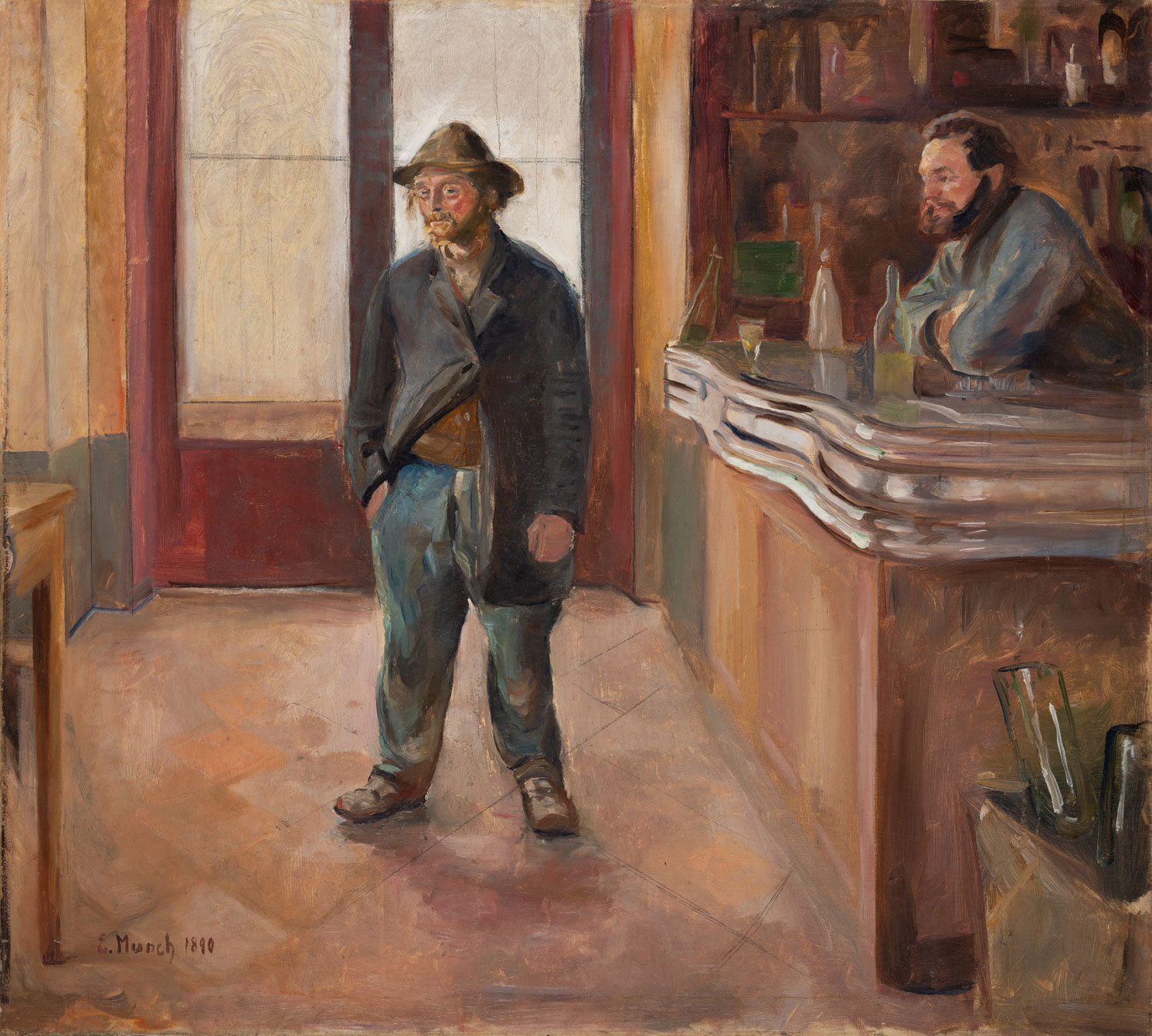 Gesellige Szene in einer Schenke mit ausdrucksstarken Figuren und warmen Farbtönen, gemalt von Edvard Munch.