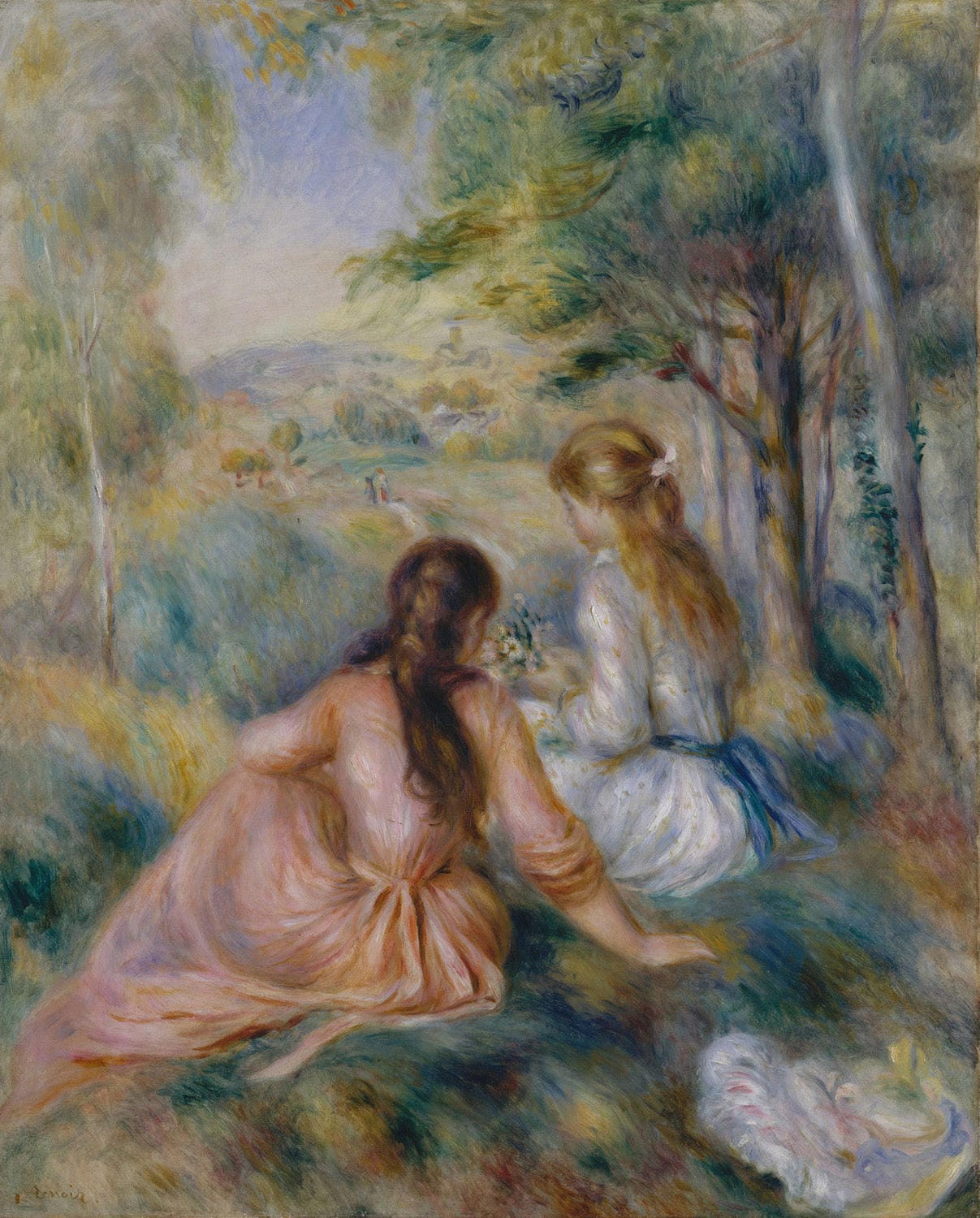 Impressionistisches Gemälde von Pierre-Auguste Renoir, das eine idyllische Szene auf einer Wiese zeigt. Weiche Pinselstriche und leuchtende Farben fangen das warme Sonnenlicht und die entspannte Atmosphäre ein.