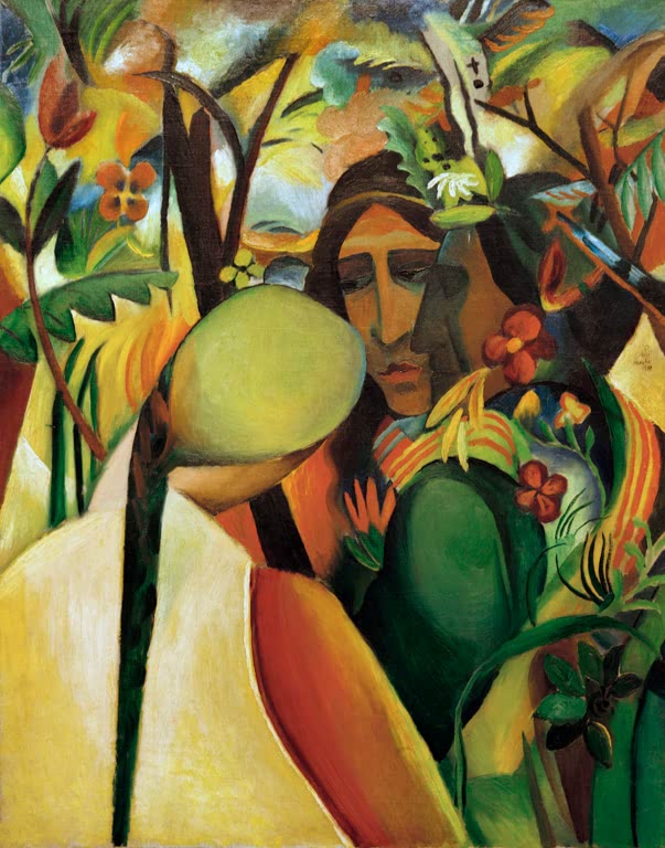 Kunstdruck des Gemäldes „Indianer“ von August Macke. Hochwertig in Deutschland von Hand gefertigt, erhältlich als Leinwand oder Poster mit optionaler Rahmung.