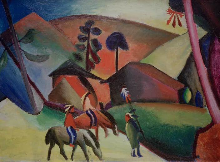 Kunstdruck des Gemäldes „Indianer auf Pferden“ von August Macke. Hochwertig in Deutschland von Hand gefertigt, erhältlich als Poster oder Leinwand und optional gerahmt.