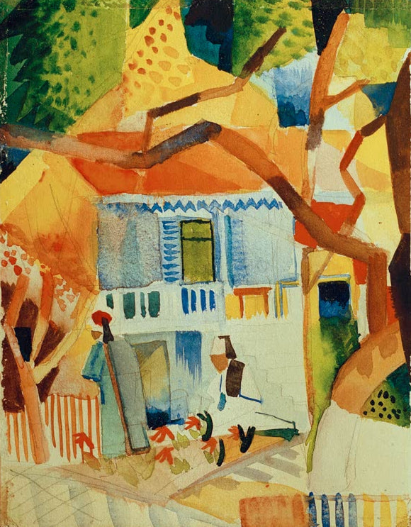 Kunstdruck des Gemäldes „Innenhof des Landhauses in St. Germain“ von August Macke. Hochwertig in Deutschland von Hand gefertigt, erhältlich als Poster oder Leinwand und optional gerahmt.