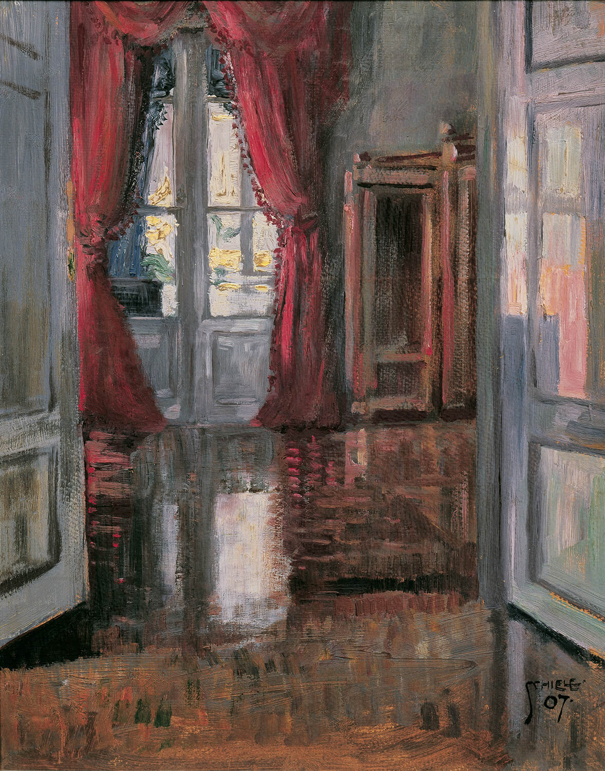 Das Gemälde „Interieur“ von Egon Schiele zeigt eine intime Raumszene mit kraftvollen Linien und ausdrucksstarker Farbgebung. Die Atmosphäre des Raumes wird durch Schieles unverwechselbaren Stil lebendig, der die Spannung und Details des Moments kunstvoll einfängt.