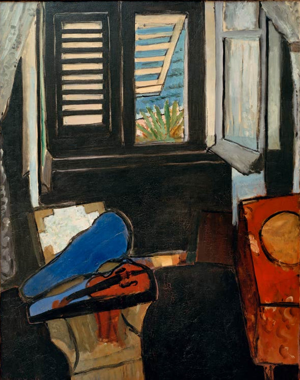Kunstdruck des Gemäldes „Interieur mit Geige“ von Henri Matisse, in Deutschland handgefertigt, erhältlich als Poster oder auf Leinwand, optional gerahmt.