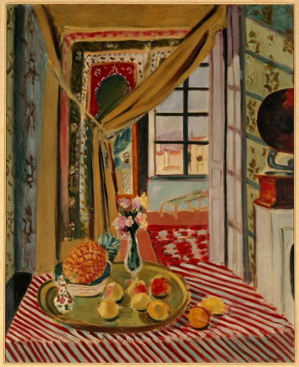 Gemälde von Henri Matisse, 1924: farbenfrohes Interieur mit Phonograph, dekorativen Mustern und flächiger Raumdarstellung im Stil der klassischen Moderne.
