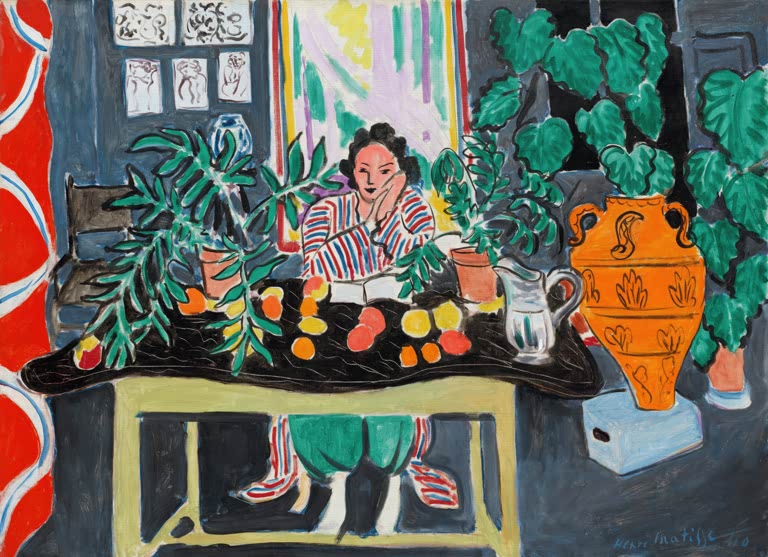 Kunstdruck des Gemäldes „Interieur mit etruskischer Vase“ von Henri Matisse – hochwertiger Kunstdruck, erhältlich als Poster oder auf Leinwand.