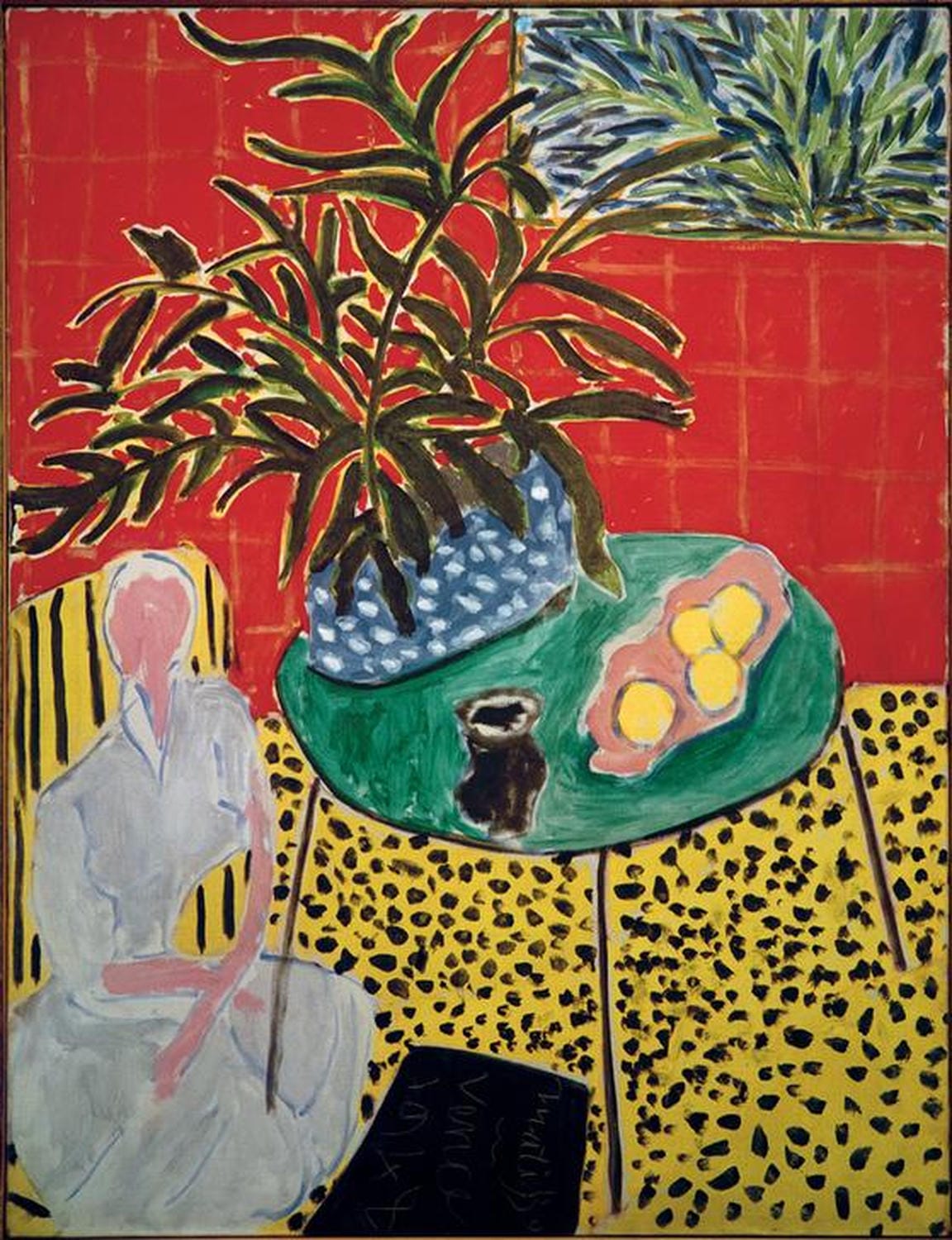 Gemälde von Henri Matisse, 1948: farbintensives Interieur mit schwarzem Farn, Möbeln und grafischer Raumaufteilung im Stil der klassischen Moderne.