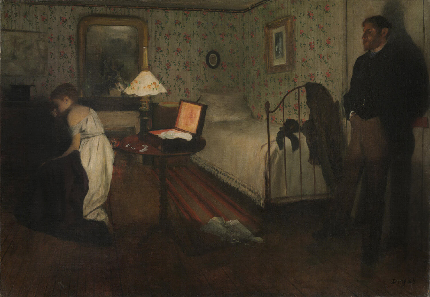 Interieur von Edgar Degas – stimmungsvolles, realistisch-impressionistisches Gemälde mit dramatischer Lichtführung und geheimnisvoller Atmosphäre in einem Innenraum.