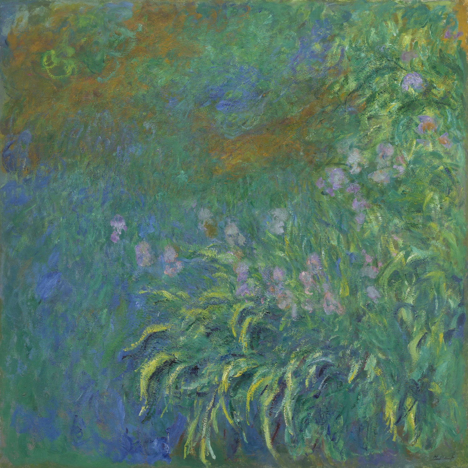 Ein impressionistisches Gemälde von Claude Monet, das lebendig blühende Iriden in einem üppigen Garten zeigt. Die Blumen in Blau, Violett, Gelb und Weiß sind in sanften Pinselstrichen dargestellt und fangen das Spiel von Licht und Schatten auf eine atmosphärische Weise ein. Das Bild strahlt eine ruhige, aber kraftvolle Schönheit aus, die die Natur in ihrer vollen Pracht einfängt.