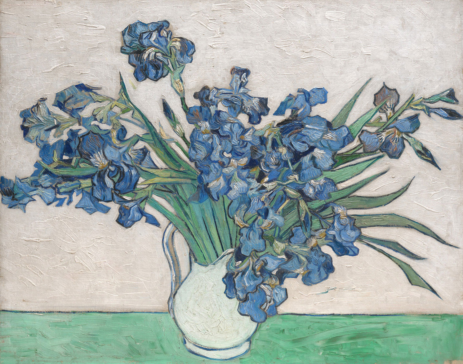 Lebendig blühende Schwertlilien in kräftigen Farben, gemalt von Vincent van Gogh im Jahr 1889, im Hochformat.