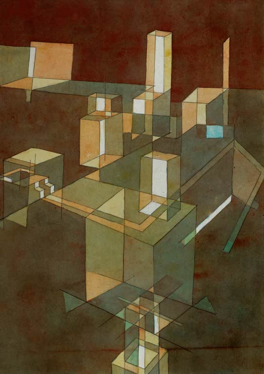 Kunstdruck von „Italienische Stadt“ von Paul Klee mit abstrakter Stadtdarstellung und geometrischen Formen in warmen Farbtönen.