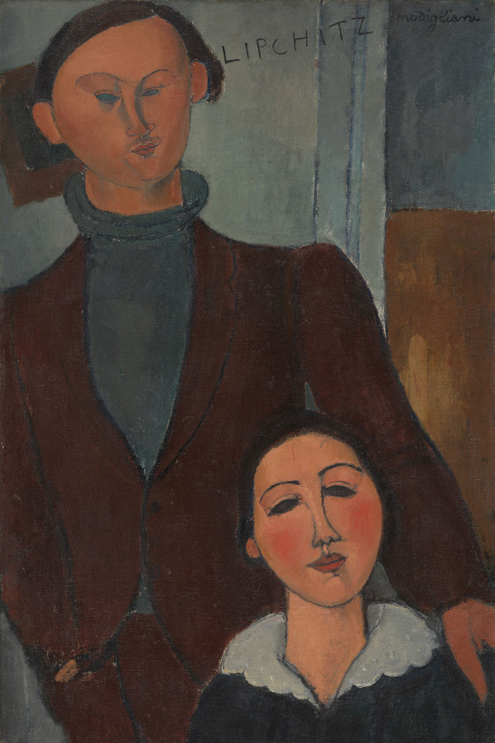 Ein Porträt von Amedeo Modigliani zeigt Jacques und Berthe Lipchitz. Die Figuren haben Modiglianis charakteristische langgezogene Gesichter und schlanke Proportionen. Die warme Farbpalette und die klaren Linien verleihen dem Bild eine ruhige, intime Atmosphäre, die Eleganz und Melancholie verbindet.