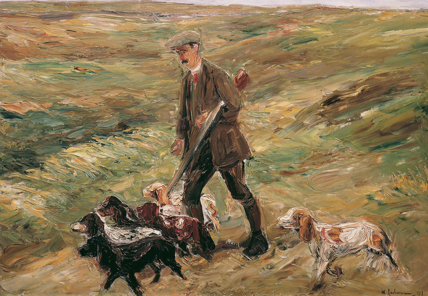 Ein impressionistisches Gemälde von Max Liebermann zeigt Jäger in dunkler Kleidung mit Gewehren, die durch eine hügelige Dünenlandschaft gehen. Im Hintergrund ist der Himmel in sanften Tönen gehalten, während Licht und Schatten die Szene lebendig gestalten.
