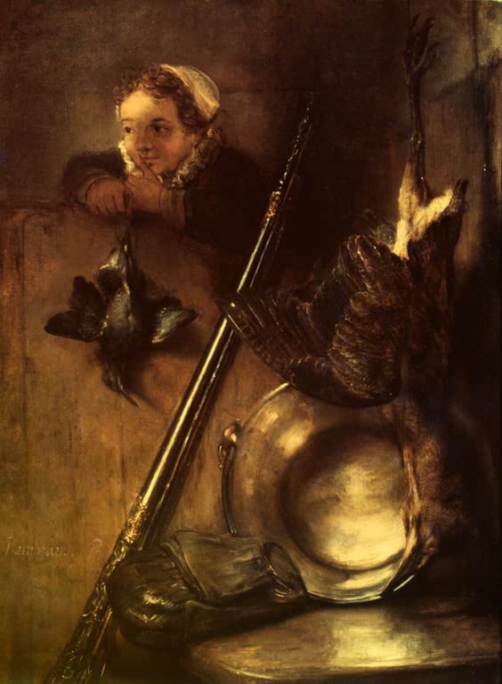 Kunstdruck „Jagdstillleben mit Rohrdommel und einem Mädchen“ von Rembrandt van Rijn