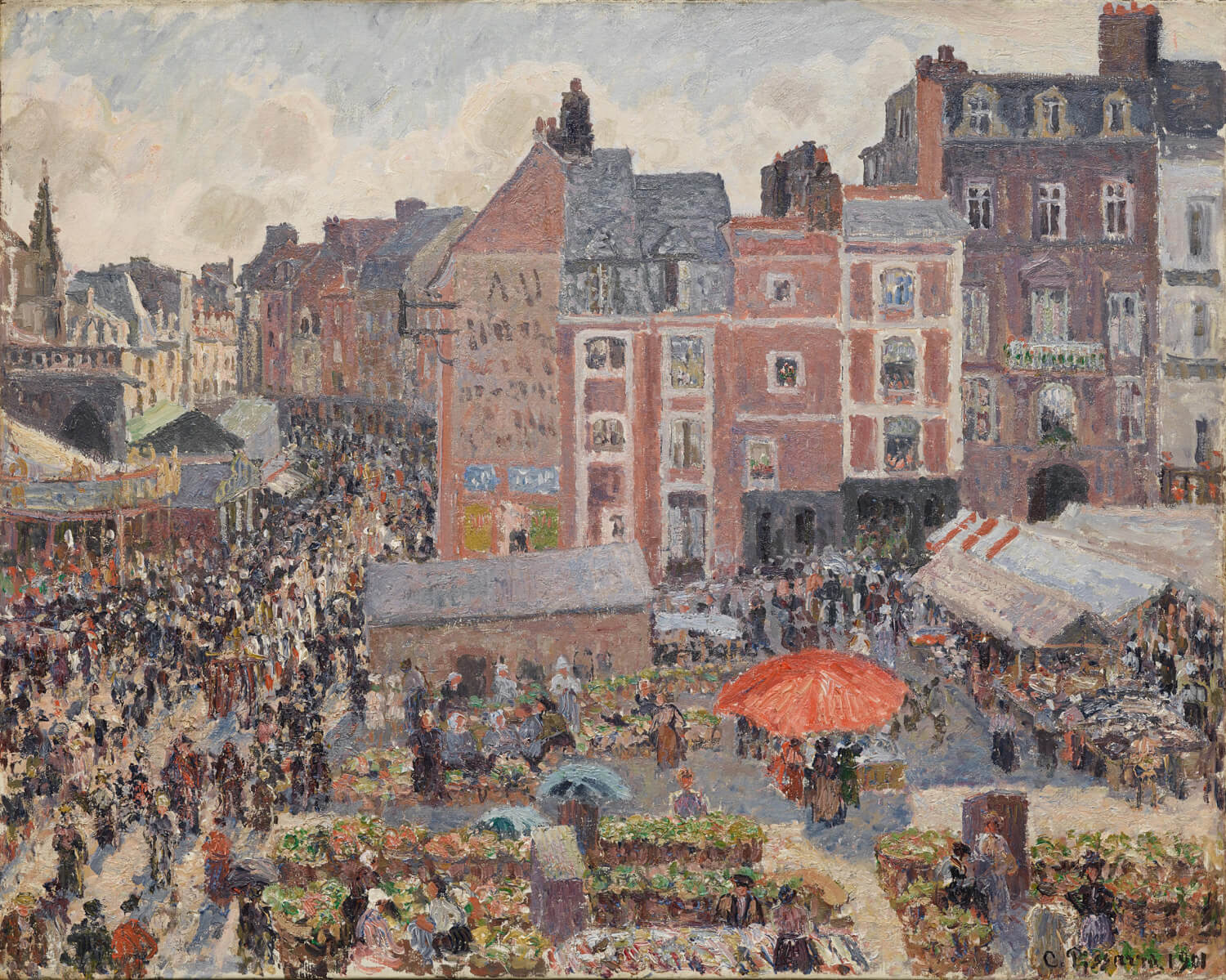 „Jahrmarkt an einem sonnigen Nachmittag, Dieppe“ von Camille Pissarro zeigt eine belebte Marktszene in Dieppe bei sonnigem Wetter. Die impressionistische Darstellung fängt die lebhaften Farben und das Licht des Sommernachmittags ein und schafft eine Atmosphäre von Lebensfreude und Bewegung.