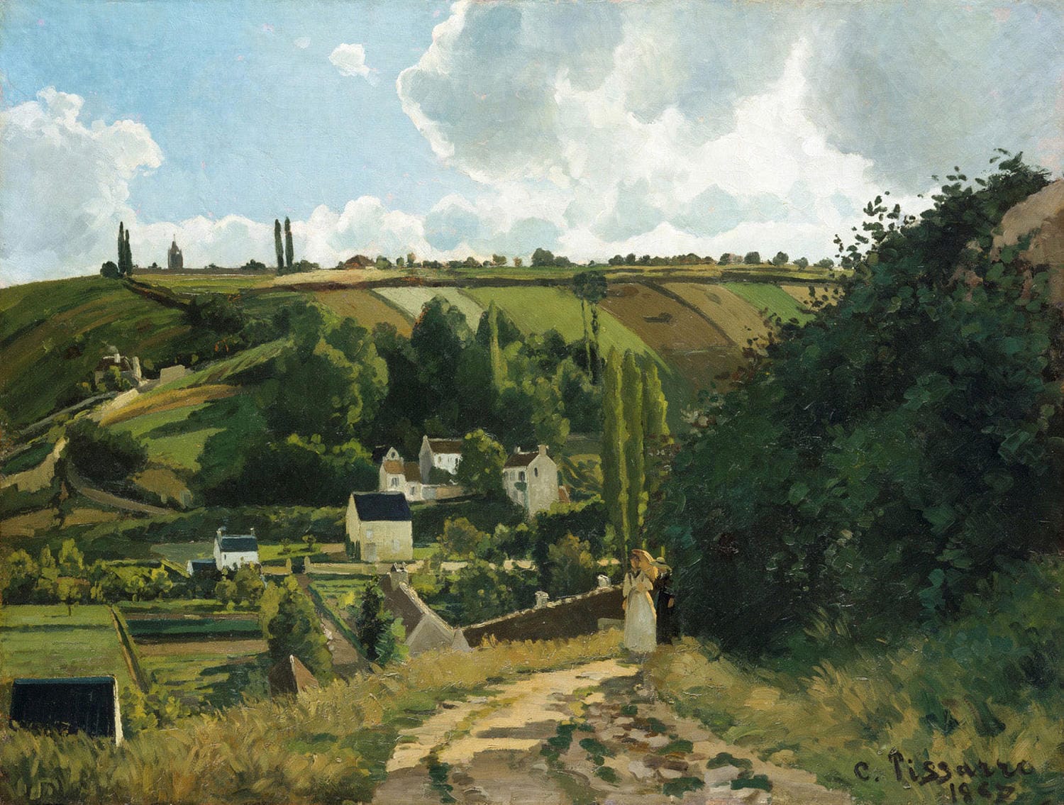 „Jalais-Hügel bei Pontoise“ von Camille Pissarro zeigt eine idyllische ländliche Landschaft in Pontoise mit sanften Hügeln, üppigem Grün und weiten Feldern. Die impressionistische Maltechnik vermittelt die friedliche Atmosphäre der Natur, eingefangen in lebendigen Farben und weichen Pinselstrichen.