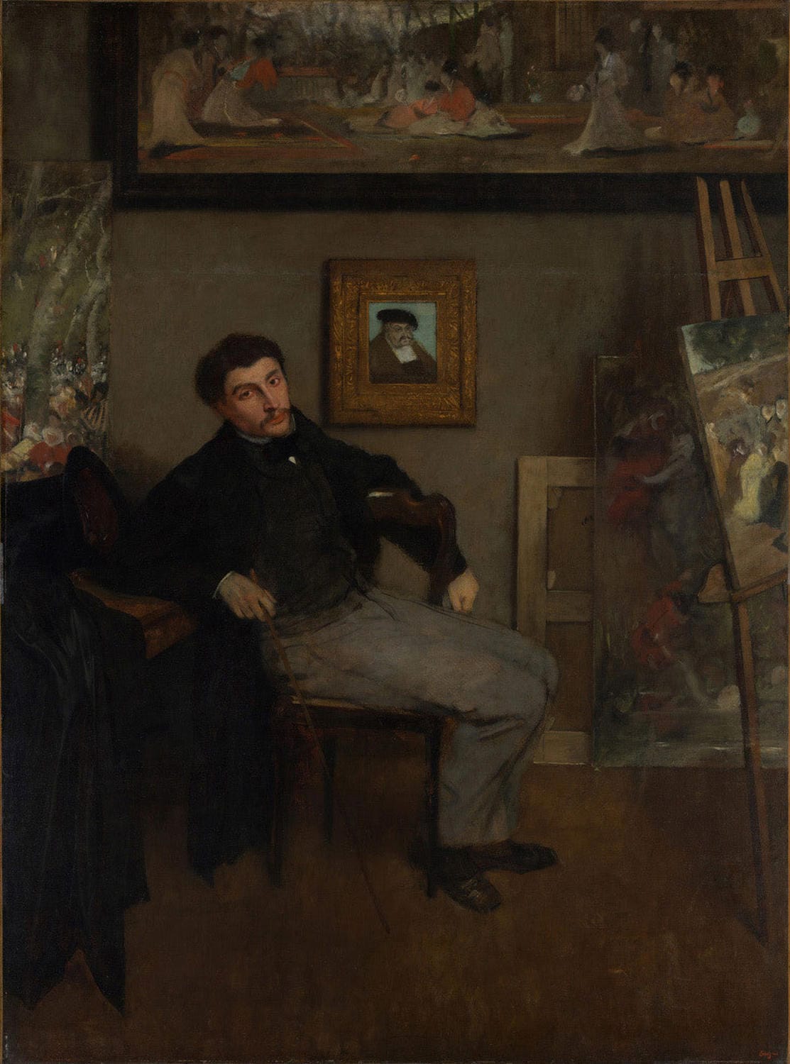 Das Gemälde „James-Jacques-Joseph Tissot (1836–1902)“ von Edgar Degas zeigt ein Porträt des französischen Malers. Degas fängt die feinen Details und den Ausdruck seines Modells in typischer impressionistischer Weise ein. Die Farbgebung und der lockere Pinselstrich machen das Werk lebendig und eindrucksvoll.
