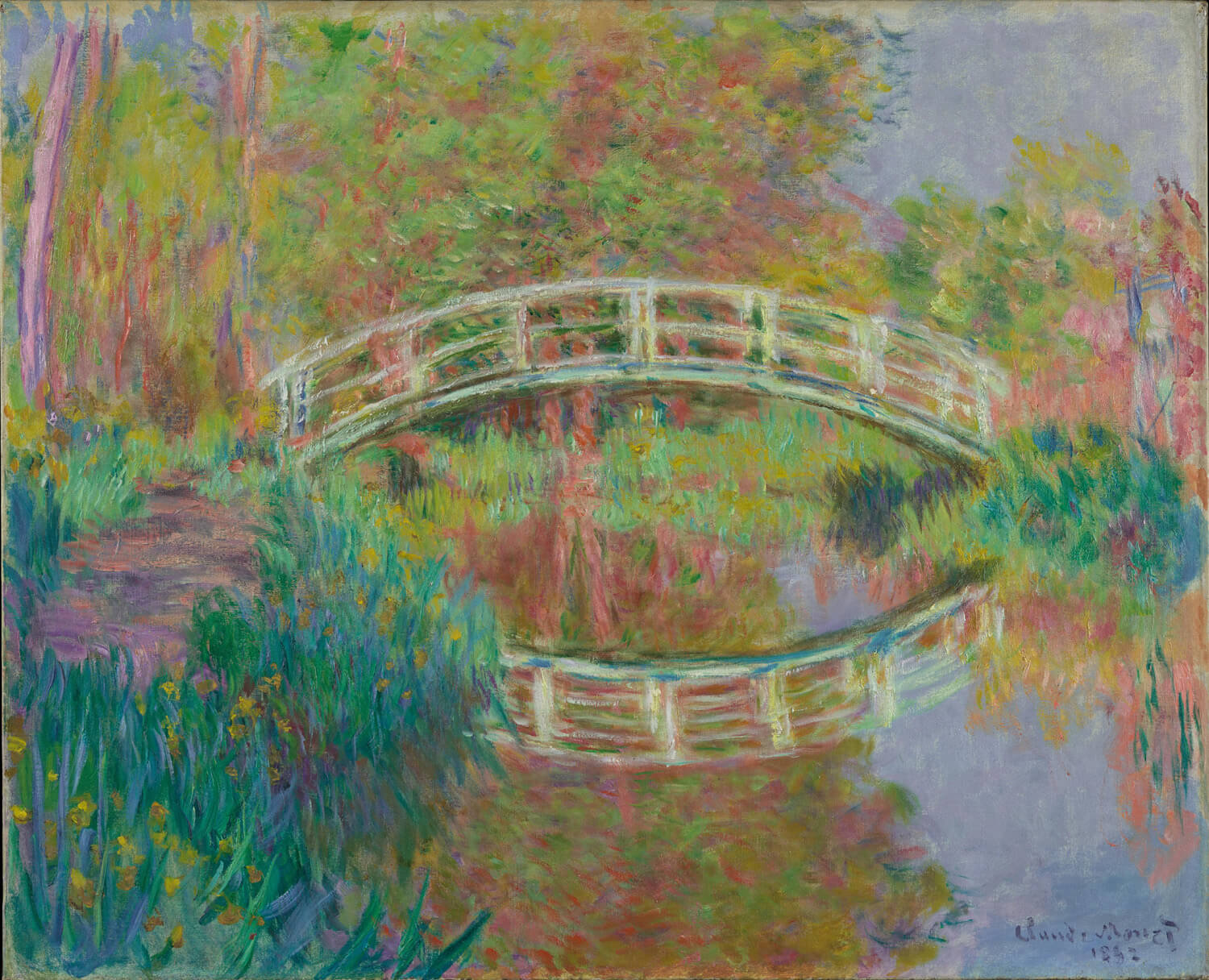 „Japanese Footbridge, Giverny“ von Claude Monet zeigt eine elegante Brücke in einem japanischen Garten in Giverny, umgeben von üppigem Grün und Wasser, das die Pflanzen reflektiert. Monets impressionistischer Stil fängt das sanfte Licht und die friedliche Atmosphäre dieses idyllischen Ortes ein.