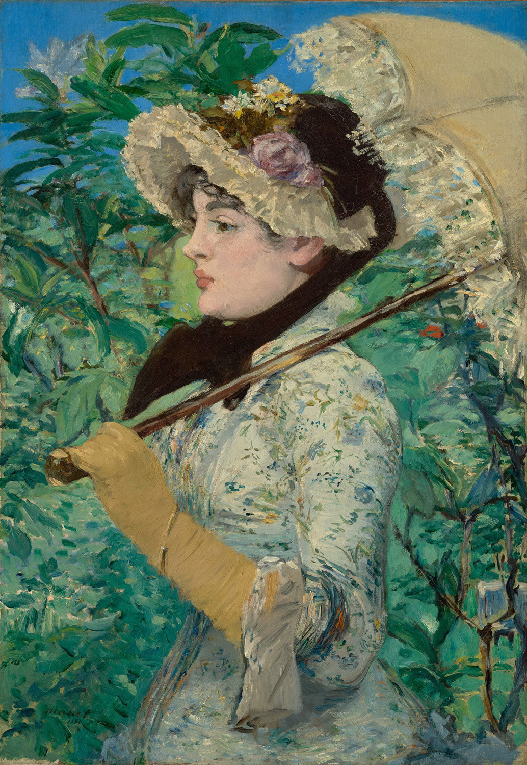 Édouard Manet Gemälde „Jeanne (Frühling)“ – elegantes Porträt einer jungen Frau mit Hut und Blumen, Symbol für den Frühling.
