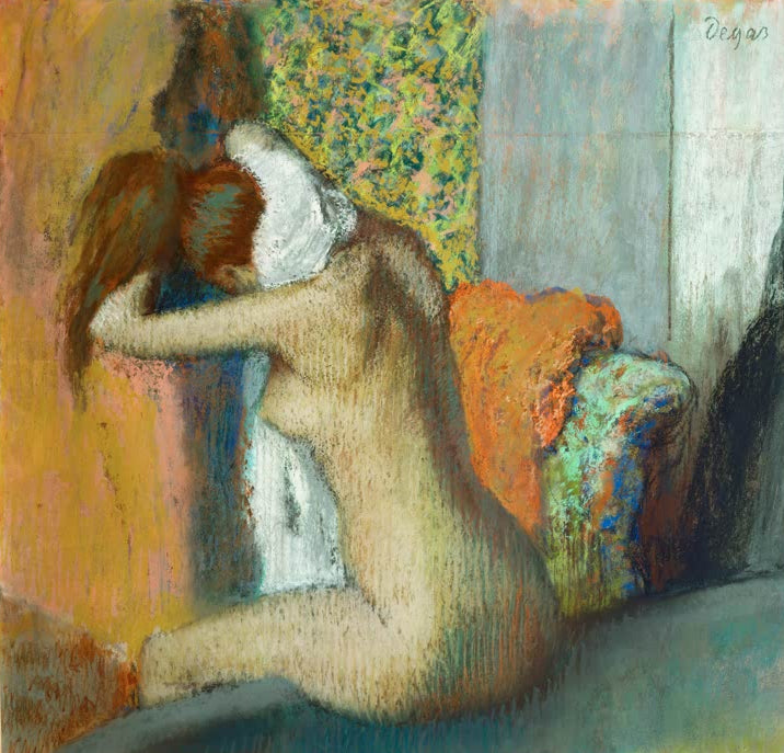 Kunstdruck des Gemäldes „Jeune femme se sechant la nuque“ von Edgar Degas mit der Darstellung einer jungen Frau beim Trocknen des Nackens. Hochwertig in Deutschland per Hand gefertigt, erhältlich als Poster oder Leinwand.