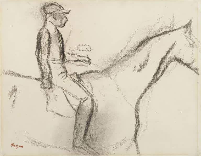 Kunstdruck des Gemäldes Jockey von Edgar Degas mit der Darstellung eines Reiters im Pferderennsport.