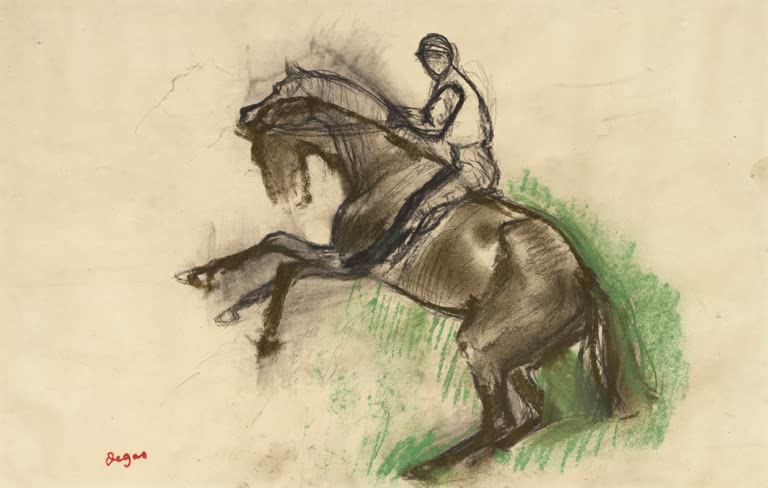 Kunstdruck des Gemäldes Jockey auf aufbäumendem Pferd von Edgar Degas mit einem Jockey auf einem sich aufbäumenden Pferd.