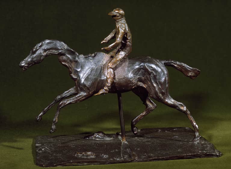 Kunstdruck des Gemäldes Jockey auf einem Pferd im Galopp von Edgar Degas mit einem Reiter auf einem galoppierenden Pferd.