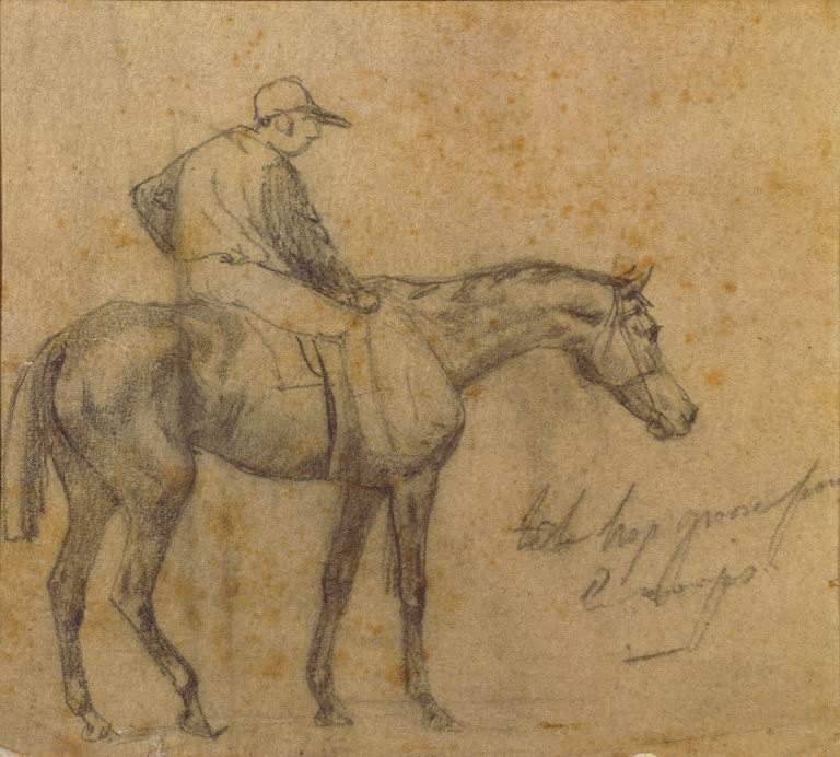 Kunstdruck von „Jockey sur cheval arrête“ von Edgar Degas, handgefertigt in Deutschland als Leinwand oder Poster erhältlich