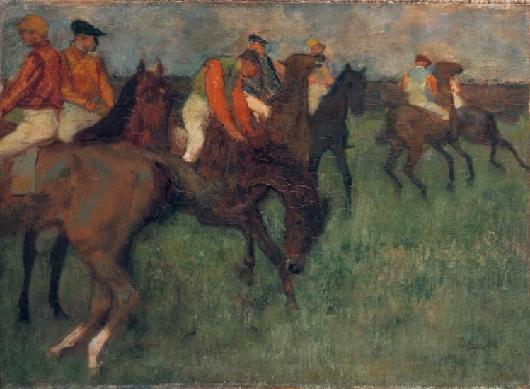 Kunstdruck des Gemäldes Jockeys von Edgar Degas mit mehreren Jockeys auf Pferden vor oder während eines Rennens.