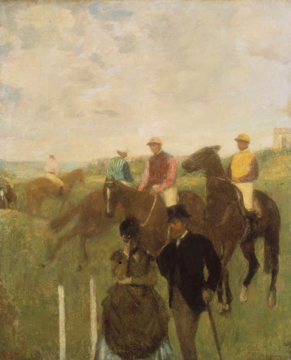 Kunstdruck des Gemäldes Jockeys auf der Rennbahn von Edgar Degas mit Reitern und Pferden während eines Pferderennens.