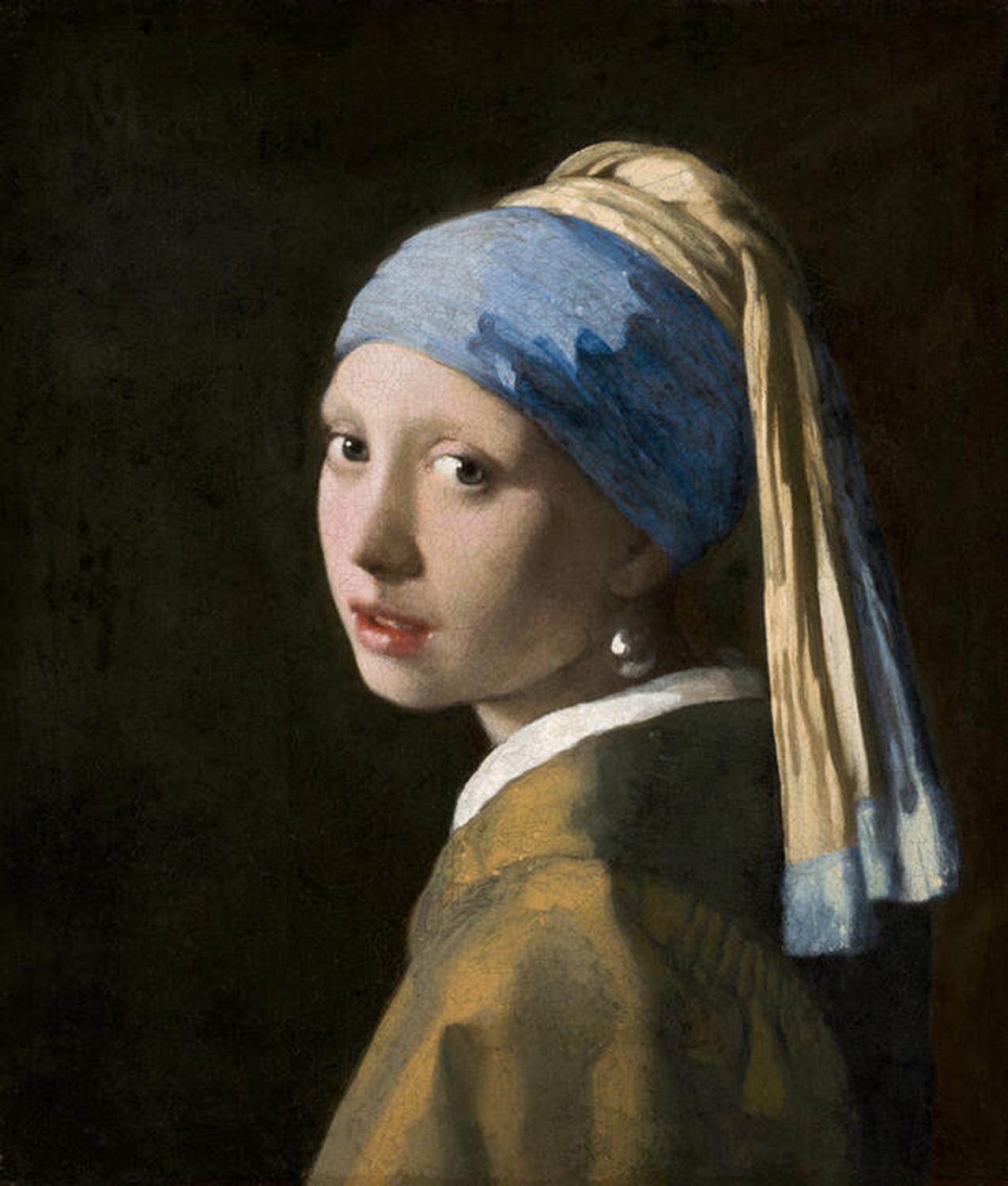 Kunstdruck: Mädchen mit dem Perlenohrring | Johannes Vermeer. Dame mit Turban in gelb und blau und einem Perlenohrring.