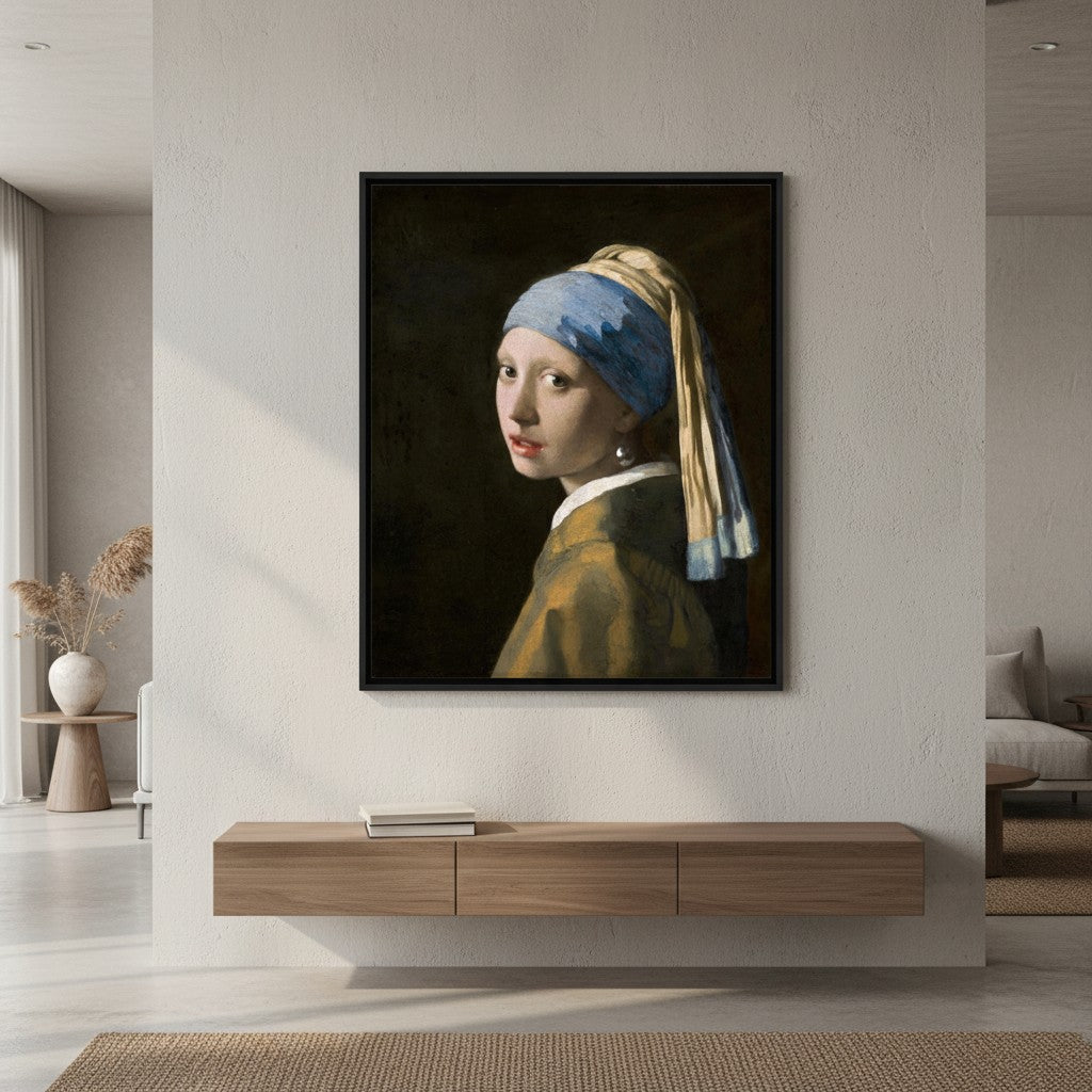 Johannes Vermeer Mädchen mit dem Perlenohrring auf Leinwand in Schattenfugenrahmen an der Wand hängend als Wanddekoration 
