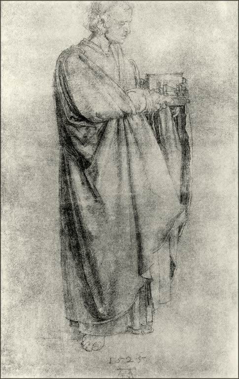 Kunstdruck des Gemäldes „Johannes der Evangelist“ von Albrecht Dürer. Hochwertiger Fine-Art-Druck, in Deutschland per Hand gefertigt, erhältlich auf Leinwand oder als Poster.