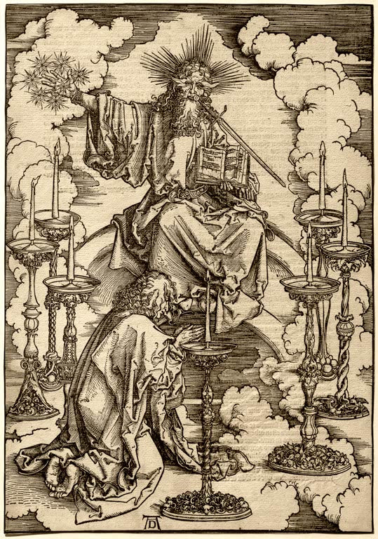 Kunstdruck „Johannes erblickt die sieben Leuchter“ von Albrecht Dürer mit symbolreicher Szene aus der Offenbarung