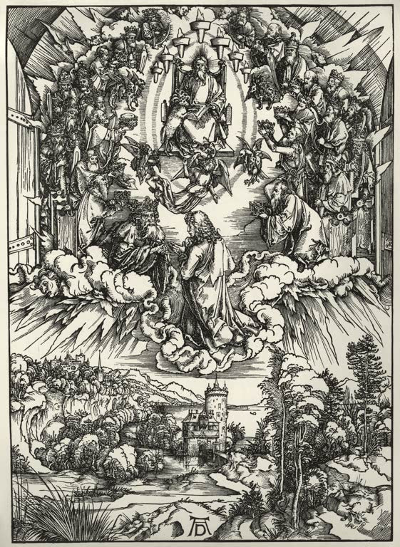 Kunstdruck „Johannes vor Gott und den Ältesten“ von Albrecht Dürer mit feierlicher Szene aus der Apokalypse