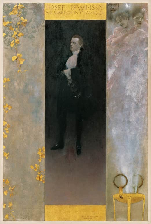 Kunstdruck von „Josef Lewinsky als Carlos in Clavigo“ von Gustav Klimt mit historischem Theaterporträt und detailreicher Darstellung. In Deutschland von Hand gefertigt.