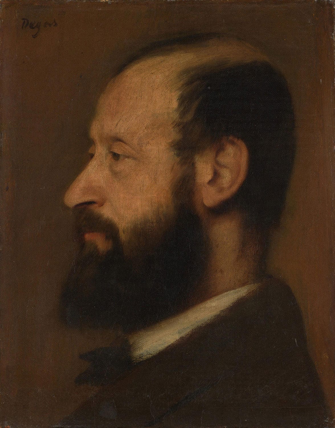 „Joseph-Henri Altès (1826–1895)“ von Edgar Degas zeigt den französischen Maler Joseph-Henri Altès in einem nachdenklichen und tiefgründigen Porträt. Degas fängt die Persönlichkeit des Künstlers mit feinster Detailarbeit und meisterhafter Lichtführung ein.
