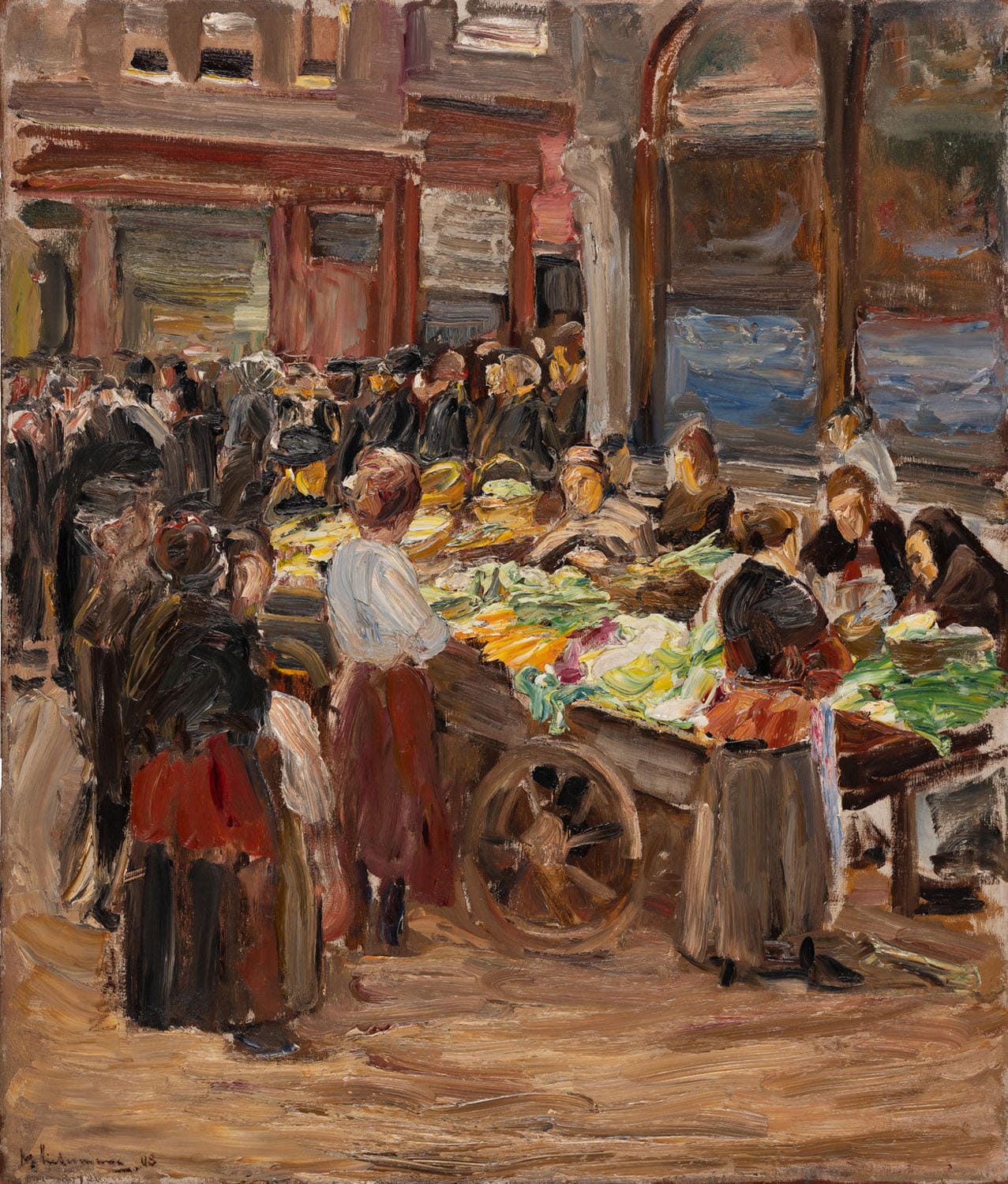 Kunstdruck des Gemäldes Judengasse in Amsterdam von Max Liebermann. Impressionistische Straßenszene mit Licht- und Schatteneffekten, die das Alltagsleben in der historischen Gasse zeigt.