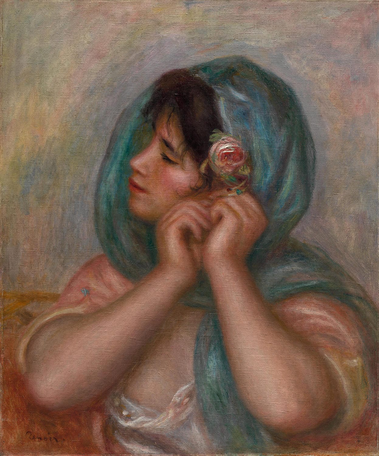 Der Kunstdruck „Junge Frau, die ihren Ohrring richtet“ von Pierre-Auguste Renoir zeigt eine Frau, die sich einen Ohrring anlegt. Ihr Kopf ist leicht geneigt, der Fokus liegt auf ihrem zarten Gesicht und der eleganten Pose. 
