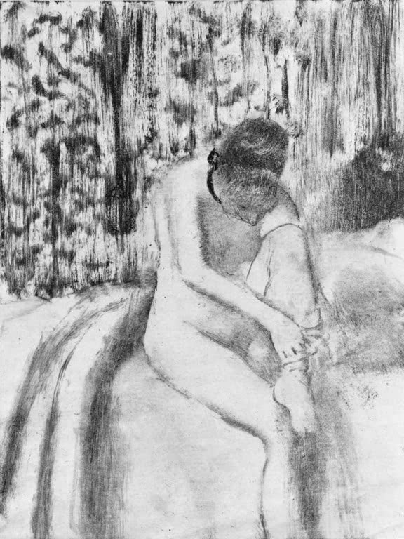 Kunstdruck von „Junge Frau, ihre Strümpfe anziehend“ von Edgar Degas, handgefertigt in Deutschland als Leinwand oder Poster erhältlich