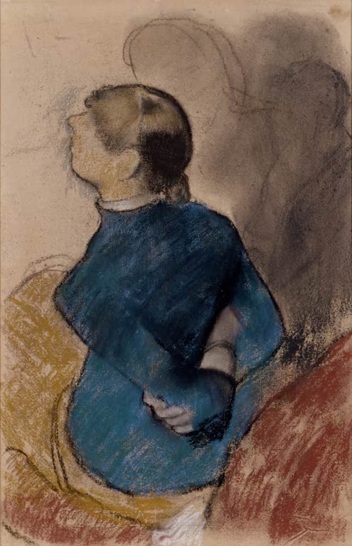Kunstdruck des Gemäldes Junge Frau in Blau von Edgar Degas mit dem Porträt einer jungen Frau in einem blauen Kleid.