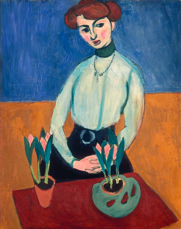 Kunstdruck des Gemäldes „Junge Frau mit Tulpe“ von Henri Matisse, hochwertig handgefertigt in Deutschland, erhältlich als Leinwand oder Poster.