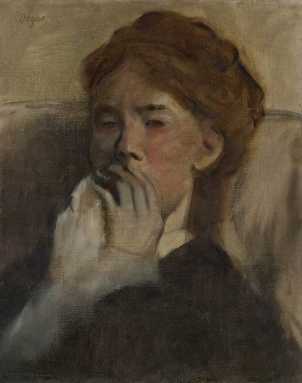 Kunstdruck des Gemäldes Junge Frau mit der Hand vor dem Mund von Edgar Degas mit dem Porträt einer jungen Frau, die ihre Hand vor den Mund hält.