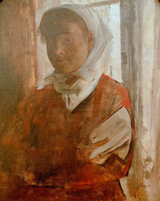 Kunstdruck des Gemäldes „Junge Frau mit weißem Kopftuch“ von Edgar Degas, detailgetreu als Kunstdruck umgesetzt und in Deutschland von Hand gefertigt.