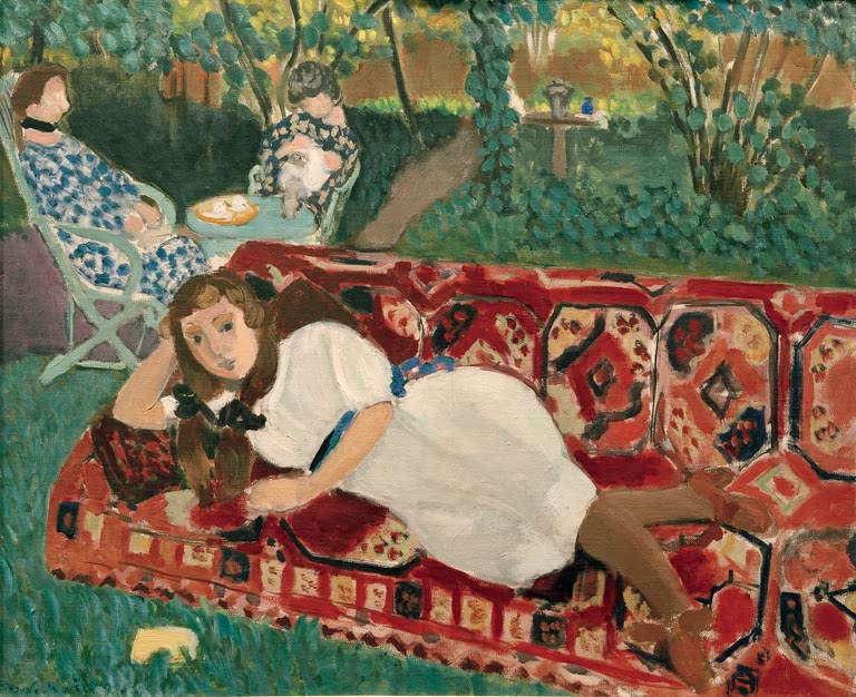 Kunstdruck des Gemäldes Junge Mädchen im Garten von Henri Matisse, handgefertigt in Deutschland als Poster oder Leinwand erhältlich