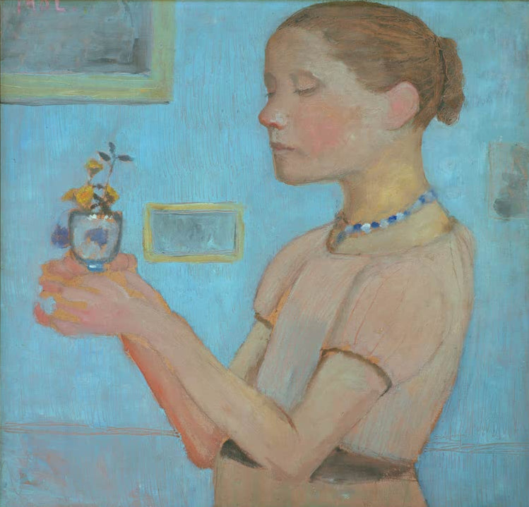 Kunstdruck des Gemäldes Junges Mädchen mit gelben Blumen im Glas von Paula Modersohn-Becker mit einem jungen Mädchen und gelben Blumen in einem Glas.