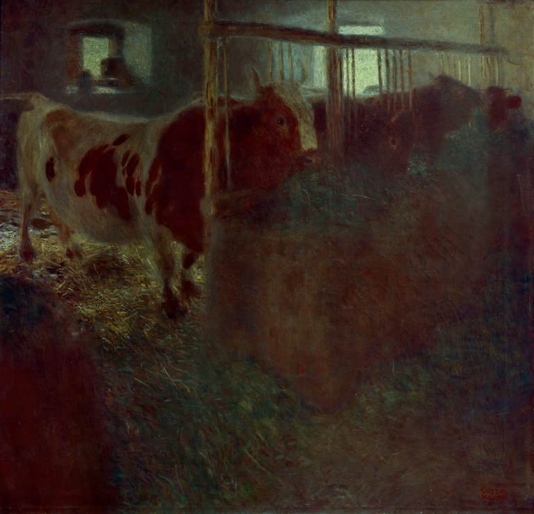 Kunstdruck des Gemäldes „Kühe im Stall“ von Gustav Klimt – hochwertige Reproduktion einer stimmungsvollen Tier- und Landschaftsdarstellung.