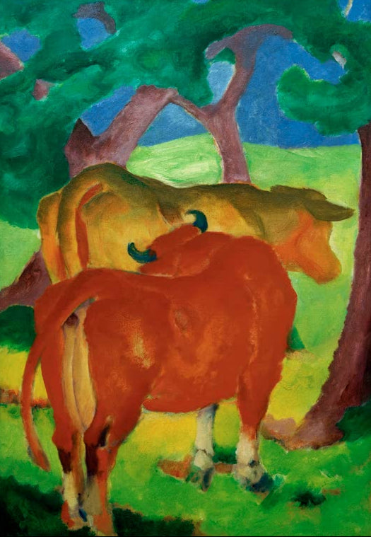 Kunstdruck des Gemäldes „Kühe unter Bäumen“ von Franz Marc. Hochwertig in Deutschland von Hand gefertigt, erhältlich als Poster oder Leinwand und optional gerahmt.