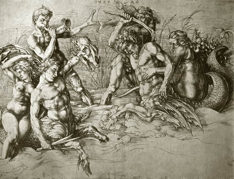 Kunstdruck „Kämpfende Seekentauren“ von Albrecht Dürer mit dynamischer mythologischer Kampfszene
