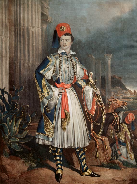 Kunstdruck König Otto von Griechenland in griechischer Nationaltracht von Gottlieb Bodmer vor antiken Säulen und der Akropolis