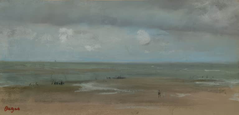 Kunstdruck des Gemäldes Küstenlandschaft bei Ebbe von Edgar Degas mit einer ruhigen Meereslandschaft während der Ebbe.